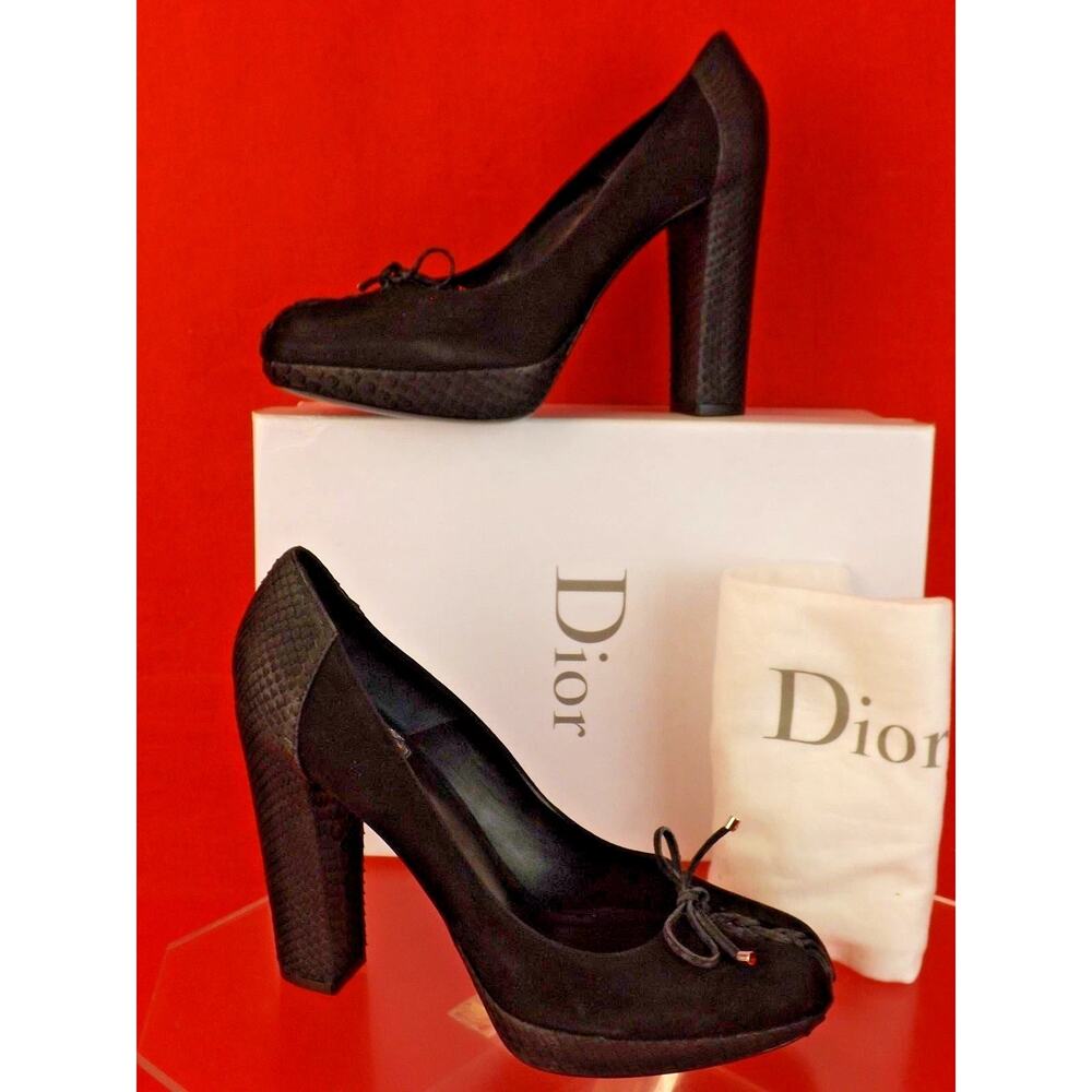 NIB CHRISTIAN DIOR RUNWAY PUSHKIN BLACK SUEDE PYTHON HEELS LACE UP PUMPS 39 $890 - Picture 2 of 9